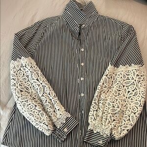 Chico's Black and White Striped Button Down with Lace Sleeves